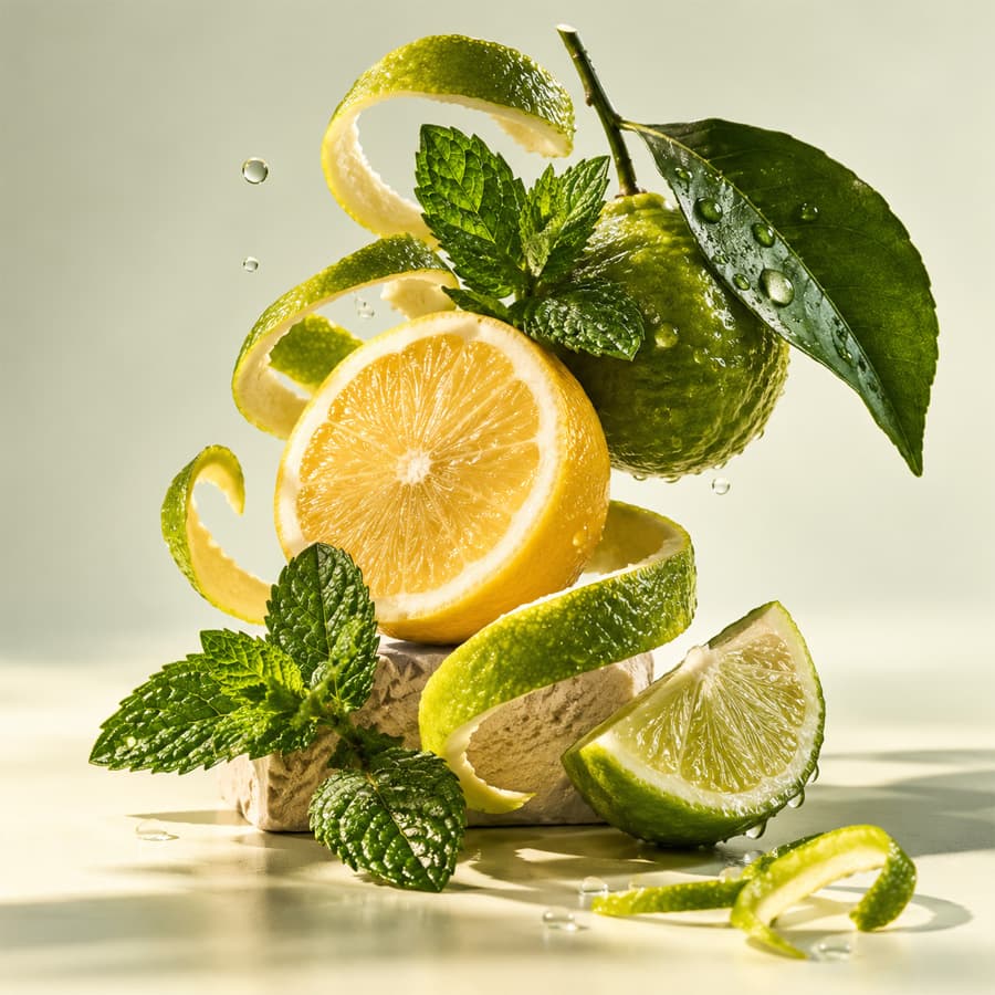 Sliced lemon, lime and spiralling peel with fresh mint leaves and water droplets