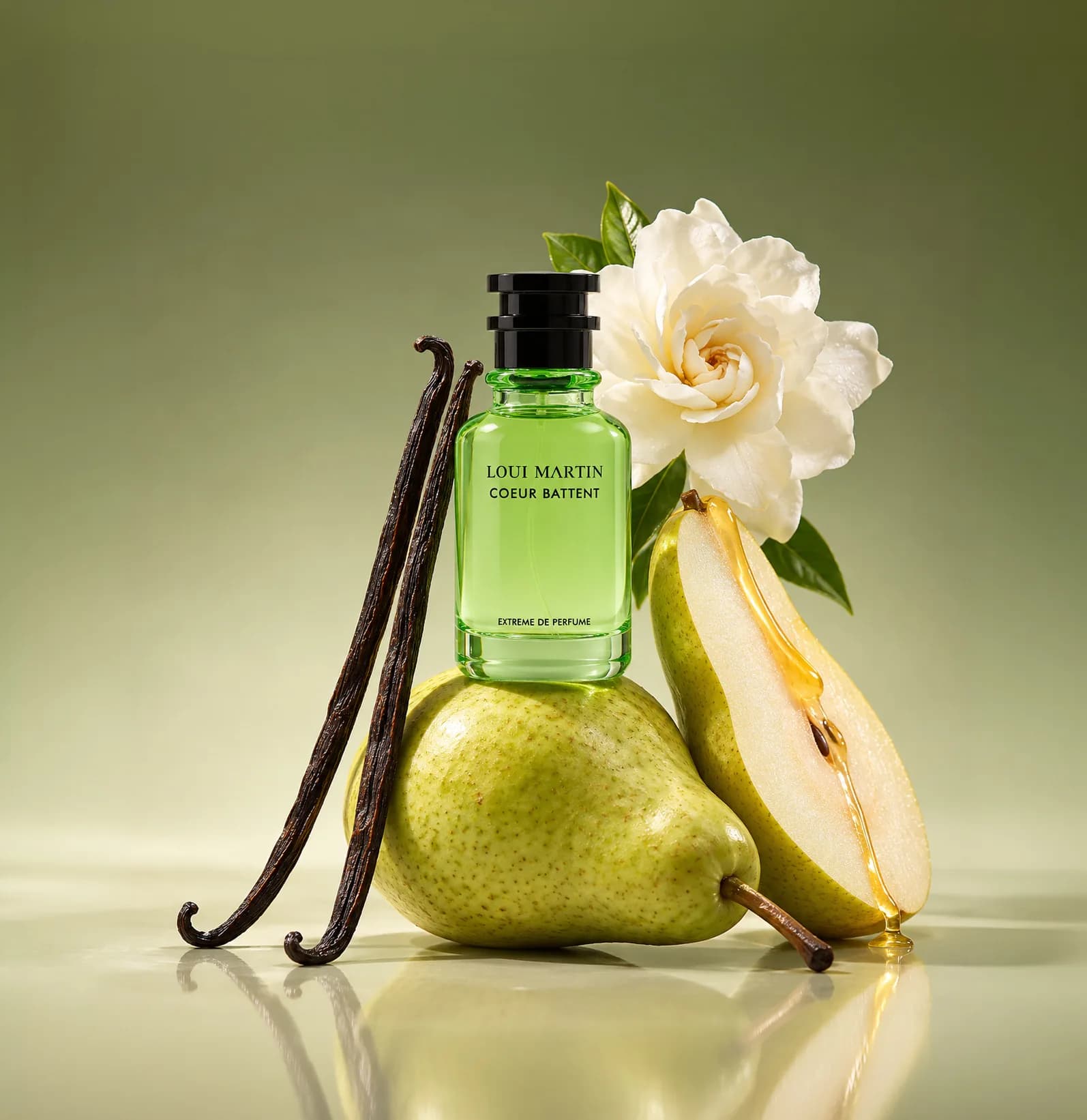 Loui Martin Coeur Battent bottle on a pear, with vanilla pods and a gardenia