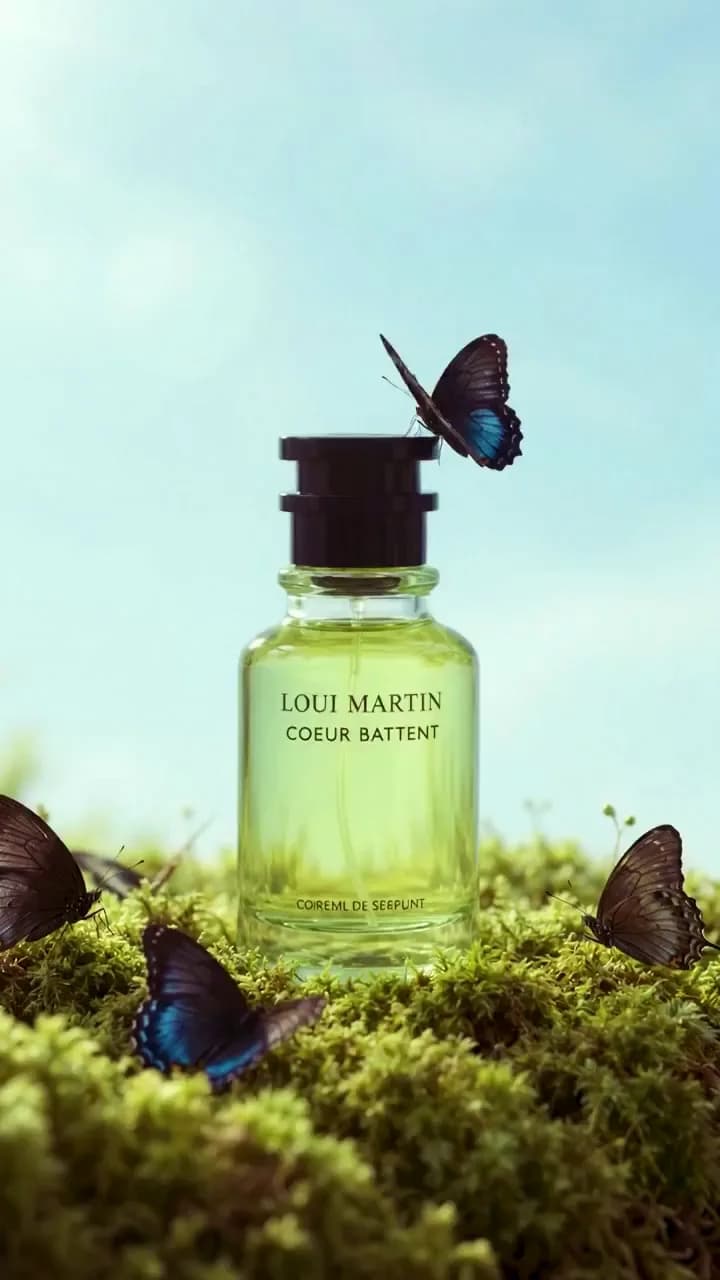 Loui Martin Coeur Battent bottle on moss with butterflies, under a blue sky